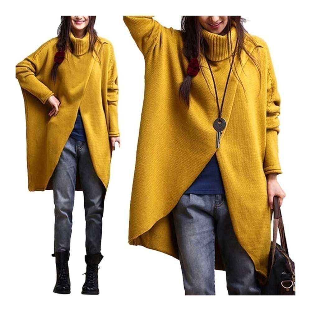 Crossover Turtleneck Pullover Knit Duster - Mustard Yellow